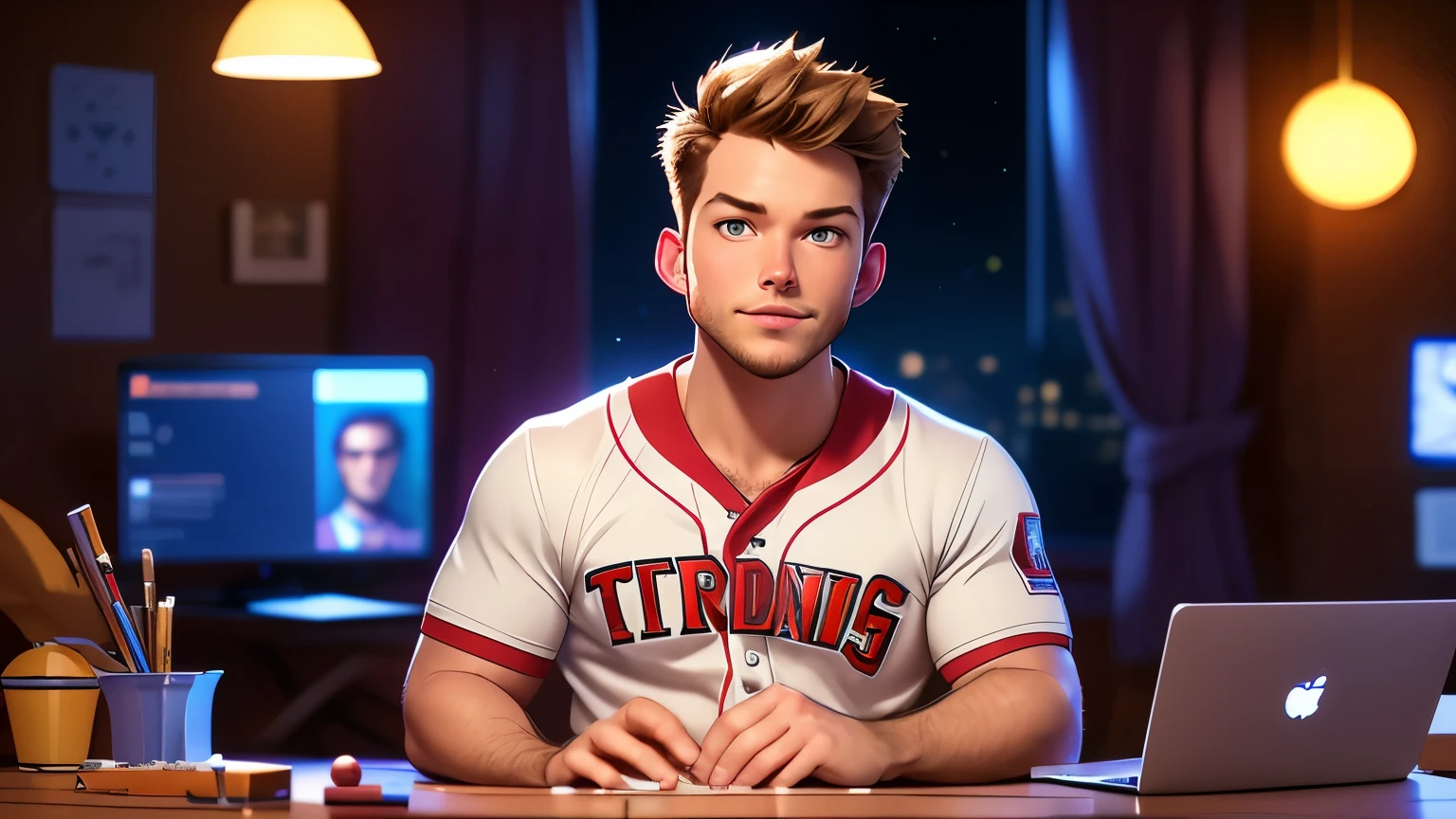 ARAFED handsome guy  in a baseball jersey , news broadcaster ,sitting in front of a laptop,  body facing the viewer , twitch streamer / gamer ludwig , portrait of Chris Pratt , mid shot portrait, streaming on twitch,  at night, portrait shot 8 k.
