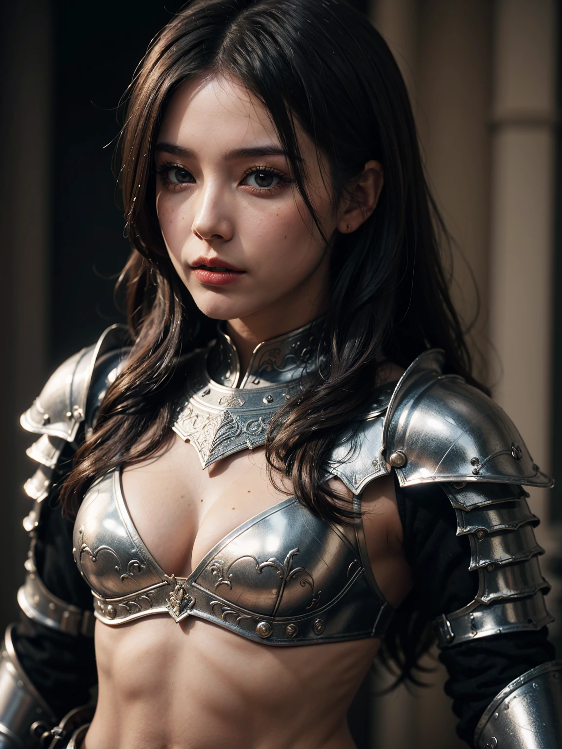 Girl in bikini armor,belly button,The abdomen is completely exposed,Showing off her sexy midriff,Cowboy Shot,Highly detailed face and eyes,Beautifully detailed face,Detailed facial features,Long eyelashes,Beautiful Lips,Wavy Hair,Intricate Armor Design,shiny metal armor,Complex sci-fi armor,Futuristic cyberpunk style,Dynamic pose,Dramatic lighting,Vibrant colors,Structure of the film,Realistic,8k,high quality,masterpiece