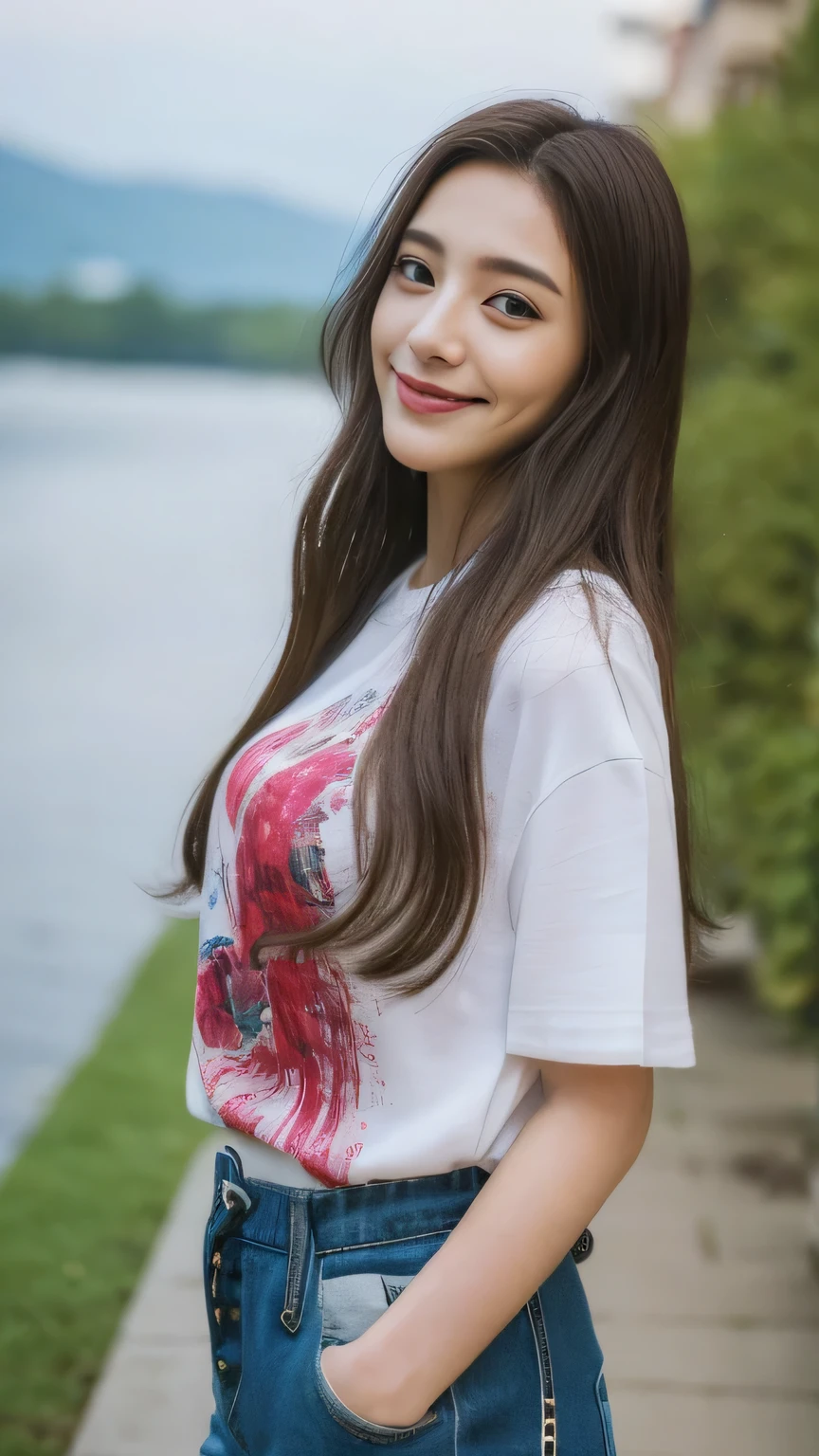 seed:2020674263.((Full body angle:1.1)).((Highest quality, 8k, masterpiece:1.3)), ((from below:1.1)).concentrated:1.2, Perfect body beauty:1.4, Hips:1.2, ((Delicate Hair)), (Colorful printed T-shirt, Shorts:1.1) , ((Highest quality、8k、masterpiece:1.3))、１girl、A sloppy smile、Esbian all over body、Slim face、Big 、Beautiful woman、(Dark Brown Hair)、Long Hair、1.1、Flickering Valley、Detailed eyes、double eyelid、Blurred Background、超Slim face、Smile、Looking down、stroll、