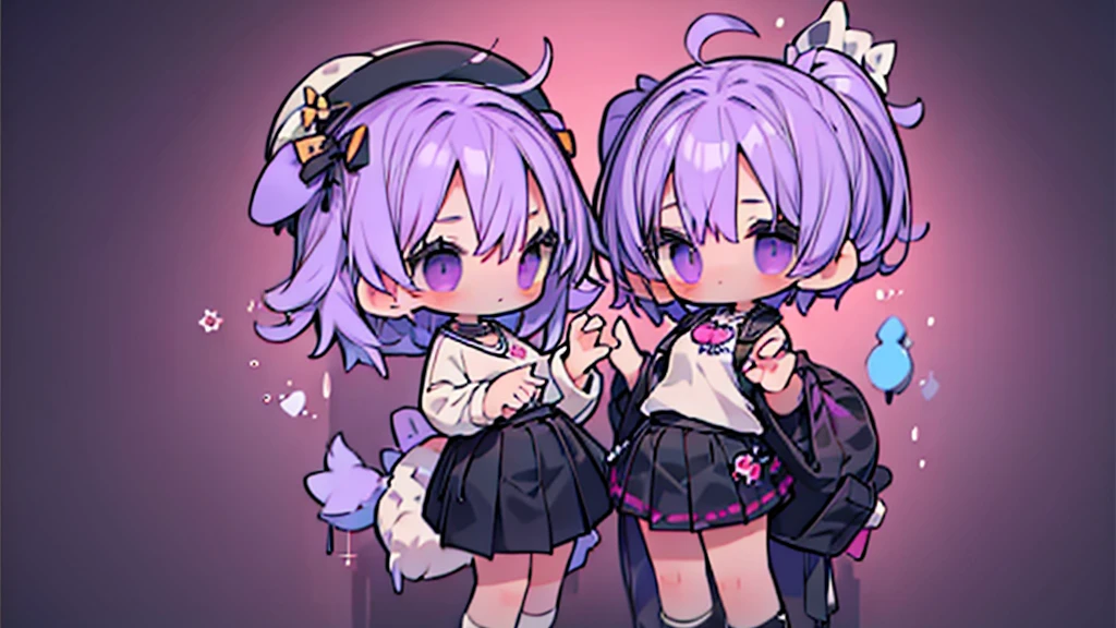 (Masterpiece,Highest quality),(Maximum details),2 girl(child,girl),purple short hair,black eyes,Wear a purple sweater,black skirt,full body image, กับ girl อยู่ ในชุดที่ต่างกัน,divided into two sides