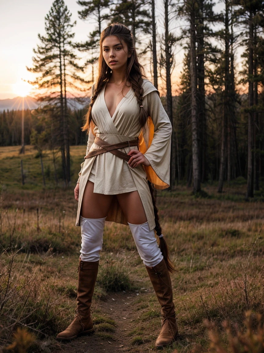 ((FULL BODY)) ((KNEES VISIBLE)) ((HANDS VISIBLE)) A photorealistic photograph of a full-length body, front view, slim tall young 20 year old dark brunette woman supermodel, fitness model standing in a colourful Alaskan meadow, forest. Wearing a ((white, beige and brown inspired Jedi cosplay outfit)) . The woman has a beautiful, toned,  body. The image is realistic, highly detailed. Very high resolution, 8k rendering, late afternoon lighting with the sun setting and the horizon red. The lighting is perfect, the scene is sharp, extreme realism, cinematic image. Hyper detailed face, beautiful piercing eyes, Viki Odintcova lookalike, long hair blowing in the wind, seducing outfit ((colourful)) Viking style braided hair 