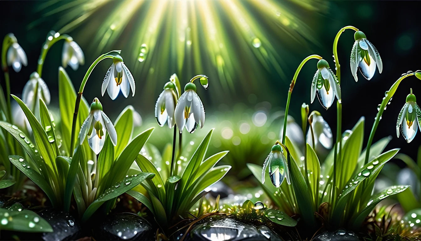 The spring sun shining brightly on the wet grass, Snowdrops drooping slightly as if shedding tears of March, Reflective petals amplify the glow, The grass blades, almost translucent with moisture, sway., Water droplets capture light and emit a dazzling spectrum, Surreal, Ultra-detailed, 32K resolution, Mossy stone peeking through the blade, The dew on the clover leaves acts as a prism, tendency. Best image quality, High resolution, Realistic, RAW Photos