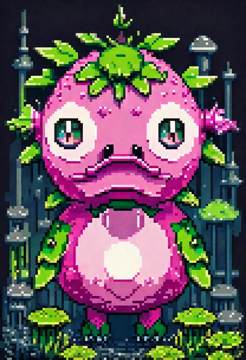 A highly pixelated and low-resolution creature, 8-bit pixel art style, big pink head with white eyes and mouth, greenish-brown body with spikes or scales, black outline, retro video game graphics, nostalgic old computer game aesthetics, bright green background