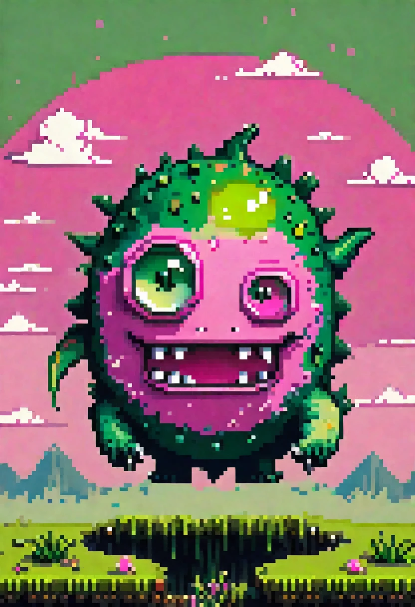 A highly pixelated and low-resolution creature, 8-bit pixel art style, big pink head with white eyes and mouth, greenish-brown body with spikes or scales, black outline, retro video game graphics, nostalgic old computer game aesthetics, bright green background