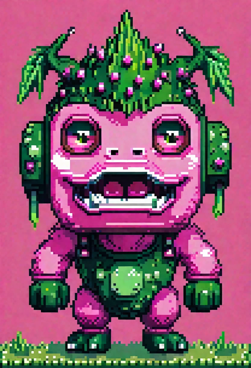 A highly pixelated and low-resolution creature, 8-bit pixel art style, big pink head with white eyes and mouth, greenish-brown body with spikes or scales, black outline, retro video game graphics, nostalgic old computer game aesthetics, bright green background