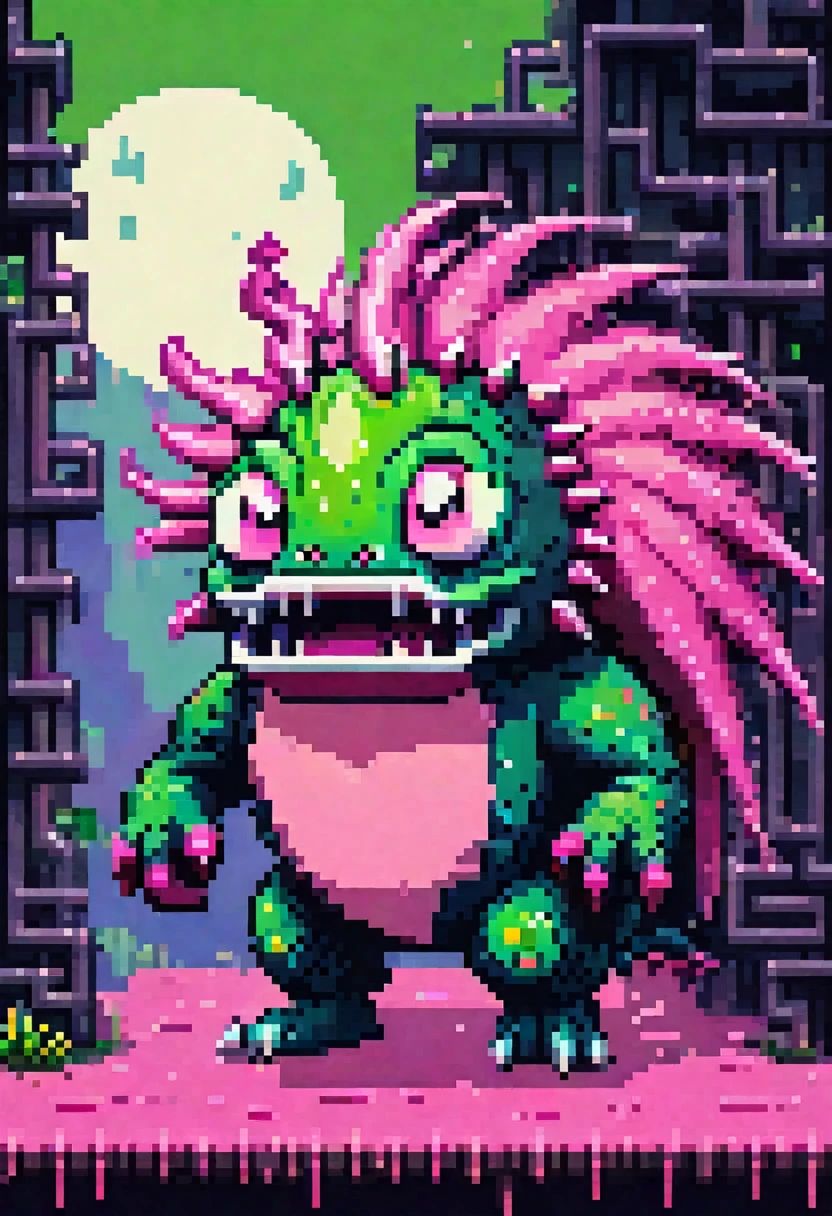 A highly pixelated and low-resolution creature, 8-bit pixel art style, big pink head with white eyes and mouth, greenish-brown body with spikes or scales, black outline, retro video game graphics, nostalgic old computer game aesthetics, bright green background