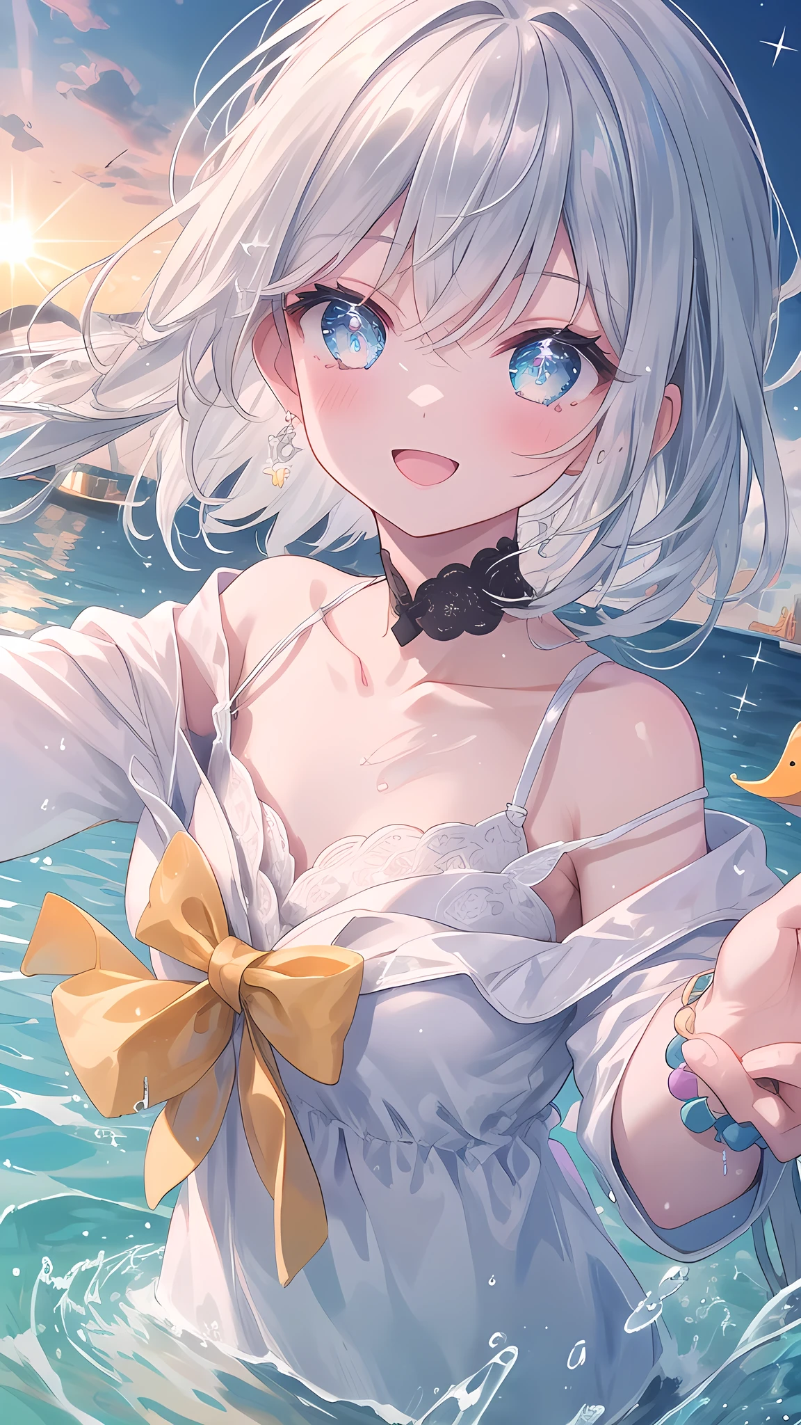 (Silver hair twintails、Ruffled swimsuit、Sand castle building pose)
At dusk、She carefully builds the last tower of her castle。The orange sunset beautifully illuminates her silver hair and sand castle.。