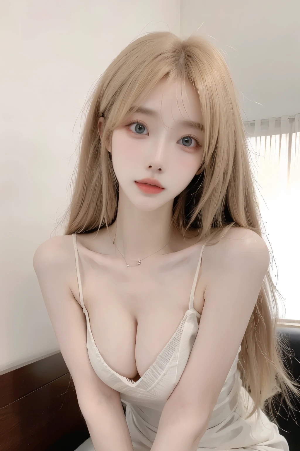 Beautiful woman，Have a perfect body：1.4，Prominent cleavage，Layered Hairstyle，Highly detailed face and skin texture，Double eyelids，Skin Whitening，Long hair，Whitening long legs，blonde，full-body shot