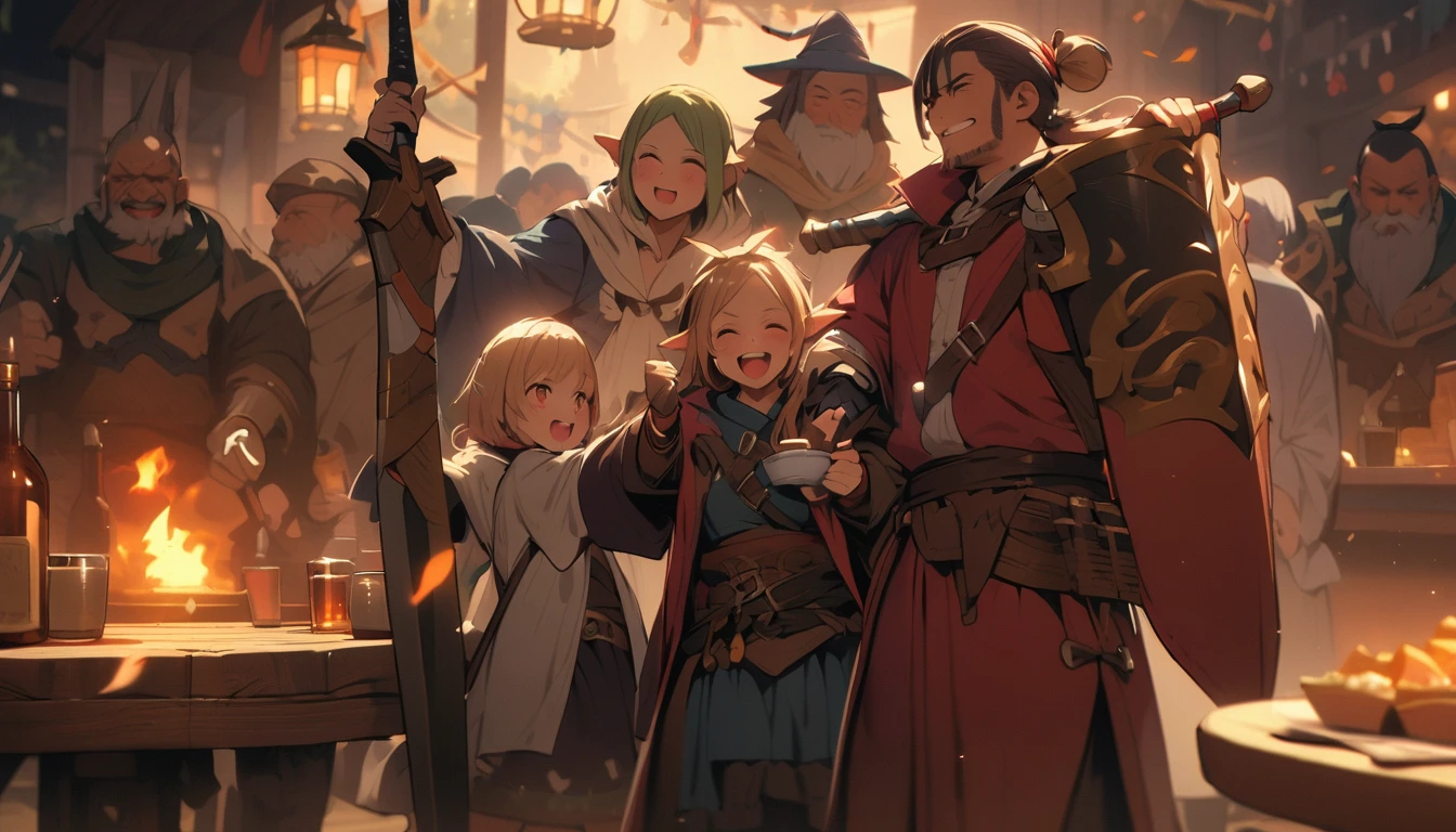 (masterpiece:1.4), (Highest quality:1.4), Very detailed, Complex, Very detailed, shape,Soft lighting, Tavern, More than one personで語り合う, Hopeful Face, smile, More than one person, Mixed gender, a group of adventurers, character from RPG games, (character: human, Fairy, Fairy, Dwarf, The Hobbit), (exterior: Swordsman Style, Shaman Style, Monk Style, Magician style), (belongings: Long sword, dagger, Holy Staff, Magic wand, shield, metal armor, Leather Armor), Perfectly accurate anatomical shape、All limbs intact、Perfect full finger, Colorful characters, Drinking alcohol and getting drunk, Dancing drunk，Huge, Majestic, Uplifting expressions, みんなのsmileが素晴らしい.