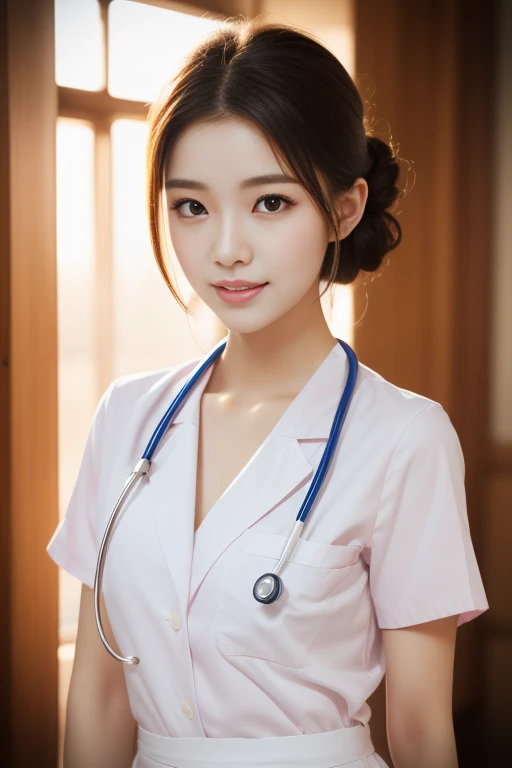 (Ulzzang-6500-v1.1, masterpiece, highest quality:1.3, ultra-detailed 8k:1.2, hyperrealistic:1.35, raw photo:1.2, highest quality, high resolution, wallpaper, realistic, dramatic, realistic painting art by midjourney:1.3, 1 nurse, 28yo, pink nurse uniform, short white tight skirt:1.3, resting in hospital lounge, super beautiful, beautiful skin, detailed face, symmatrical face, double eyelid, beautiful and detailed eyes, friendly kind smile, beautiful glossy lips, snaggle-tooth, hair updo, short bob hair, chest strengthening, ample ?????, emphasize body line, perfect style, cowboy_shot, bokeh background, yellow LED lighting, natural soft light)