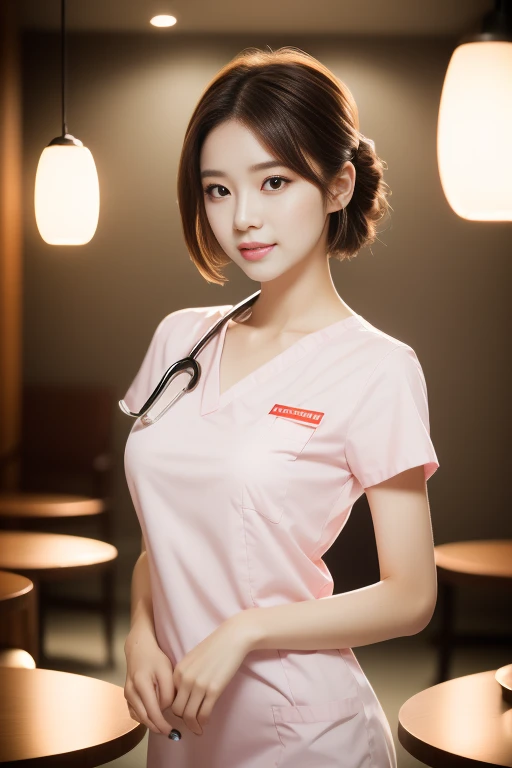 (Ulzzang-6500-v1.1, masterpiece, highest quality:1.3, ultra-detailed 8k:1.2, hyperrealistic:1.35, raw photo:1.2, highest quality, high resolution, wallpaper, realistic, dramatic, realistic painting art by midjourney:1.3, 1 nurse, 28yo, pink nurse uniform, short white tight skirt:1.3, resting in hospital lounge, super beautiful, beautiful skin, detailed face, symmatrical face, double eyelid, beautiful and detailed eyes, friendly kind smile, beautiful glossy lips, snaggle-tooth, hair updo, short bob hair, chest strengthening, ample bosom, emphasize body line, perfect style, cowboy_shot, bokeh background, yellow LED lighting, natural soft light)