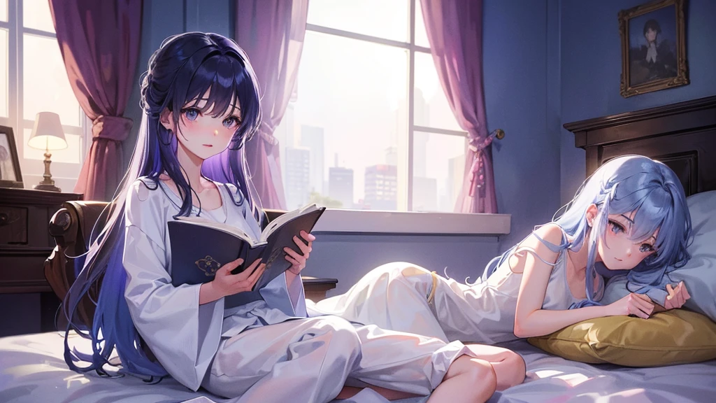 「In the quiet of the bedroom at night、A female character lies in bed、Reading a book。Outside the window, the full moon shines、The thin curtains are swaying softly。She is wearing relaxed pajamas、The room is lit in soft blue and purple tones.。A warm light is lit by the bedside、It creates a comfortable atmosphere。」