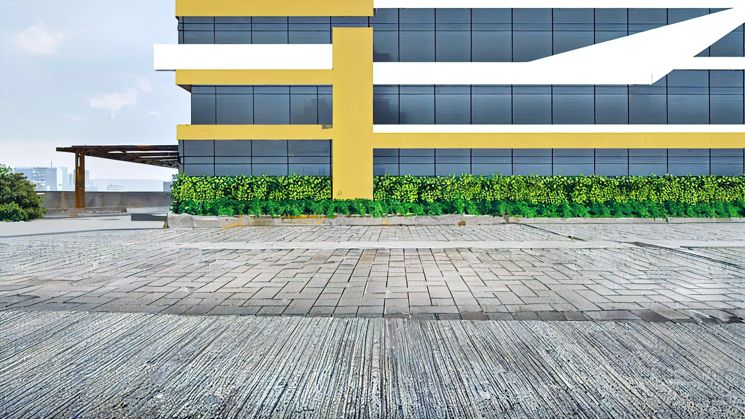 there is a yellow and white building with a yellow cross, city street view background, ground perspective, Hyperrealistic background, View at street level, ground perspective; detailed, in 3d rendering style, very realistic 3D rendering, building roof with plant, High detail 3D rendering, on the concrete floor, Wide angle perspective