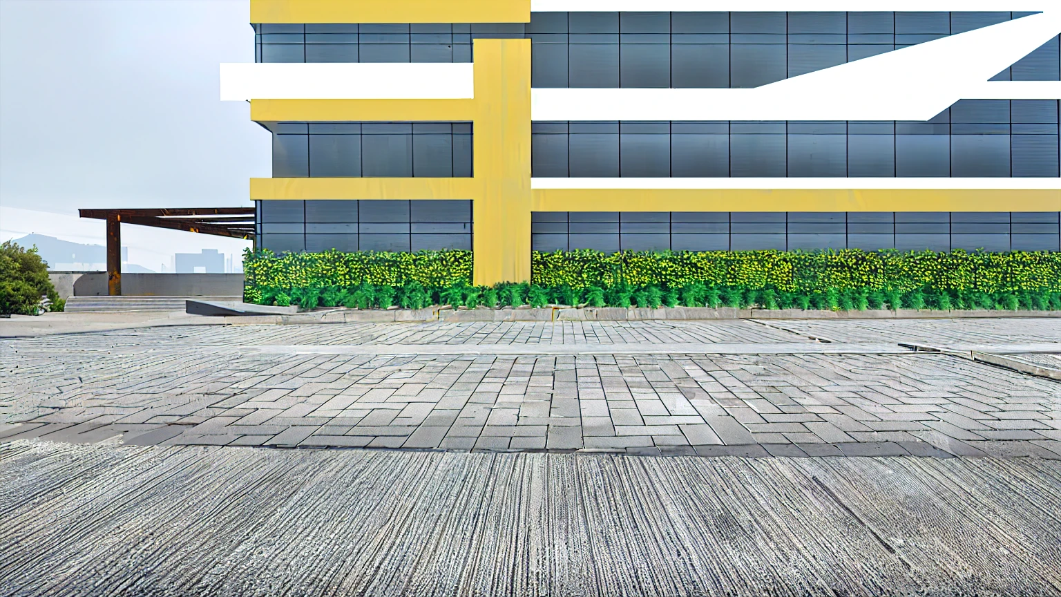there is a yellow and white building with a yellow cross, city street view background, ground perspective, Hyperrealistic background, View at street level, ground perspective; detailed, in 3d rendering style, very realistic 3D rendering, building roof with plant, High detail 3D rendering, on the concrete floor, Wide angle perspective