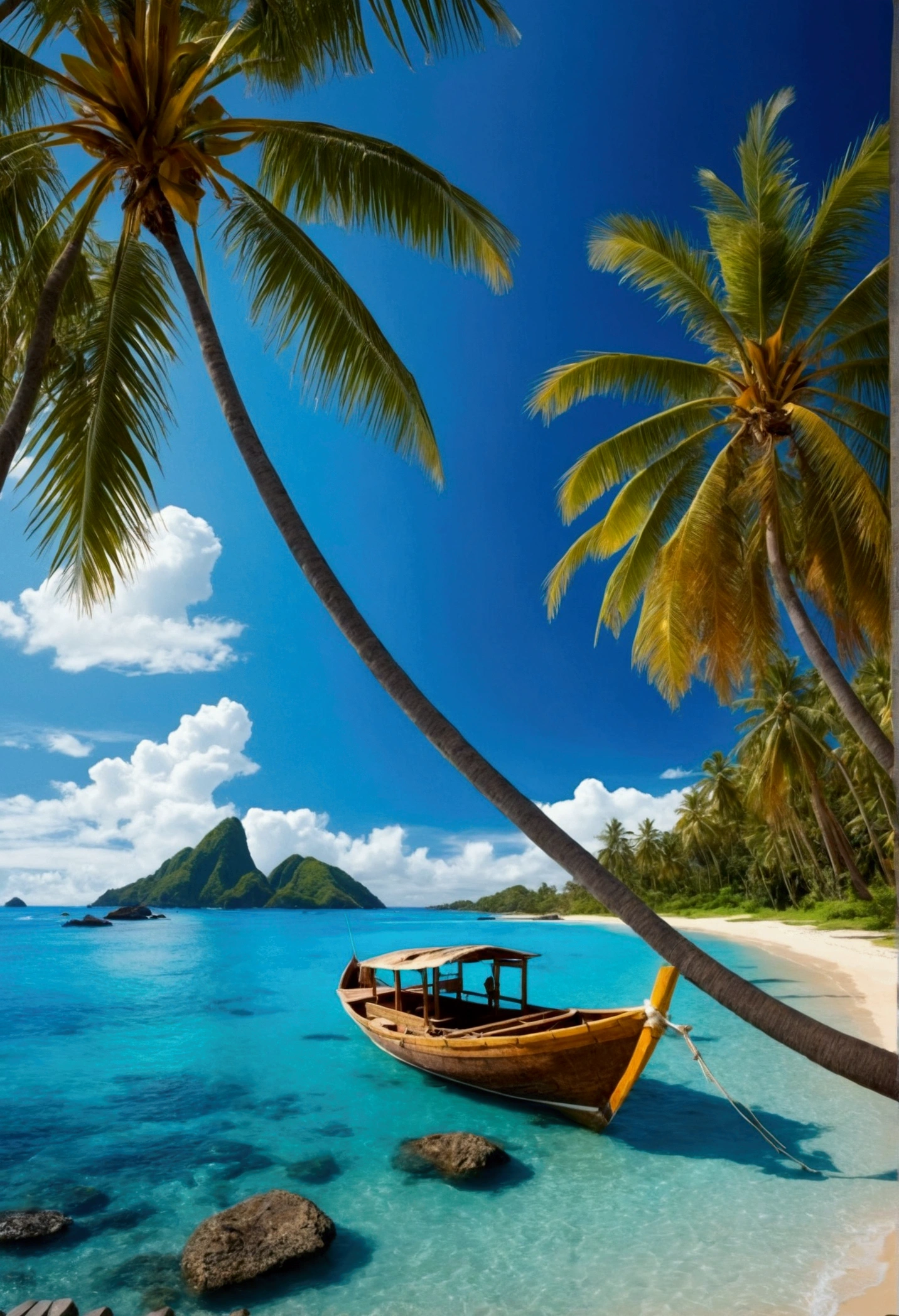 Glittering sun、Coconut trees along the beach,sunny,blue sea,Coconut water,Long diagram、Lots of surfing boats