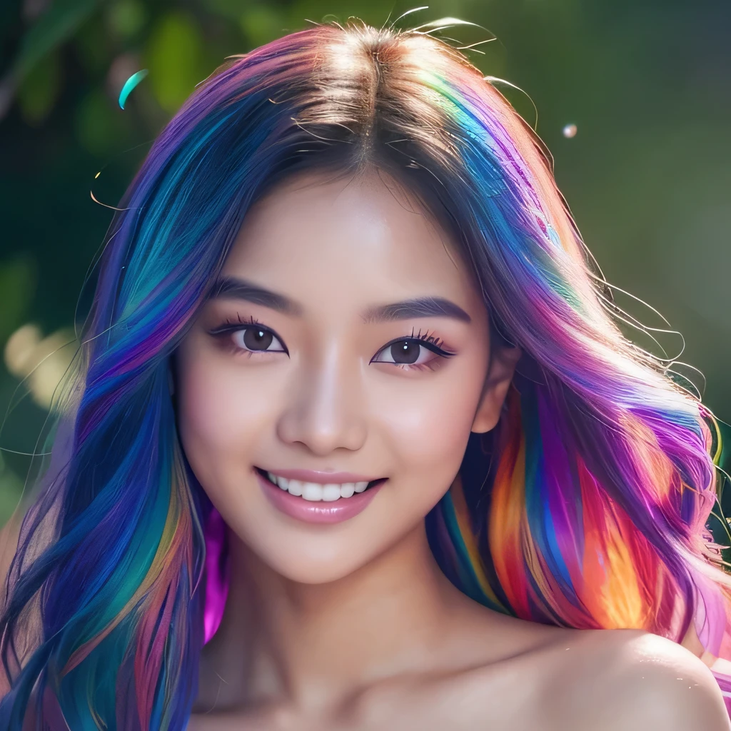 close up portrait of young Thai woman with vibrantblowing hair and mesmerizing eyes, wearing a mermaid dress, fresh big smile in a serene garden filled with blooming flowers, a representation of beauty and grace, charming, cute, beautiful, ultra detailed, dream like shot, 8k, sunset,((holographic))), (((rainbowish))), expressive, cinematic, dynamic pose,midjourney