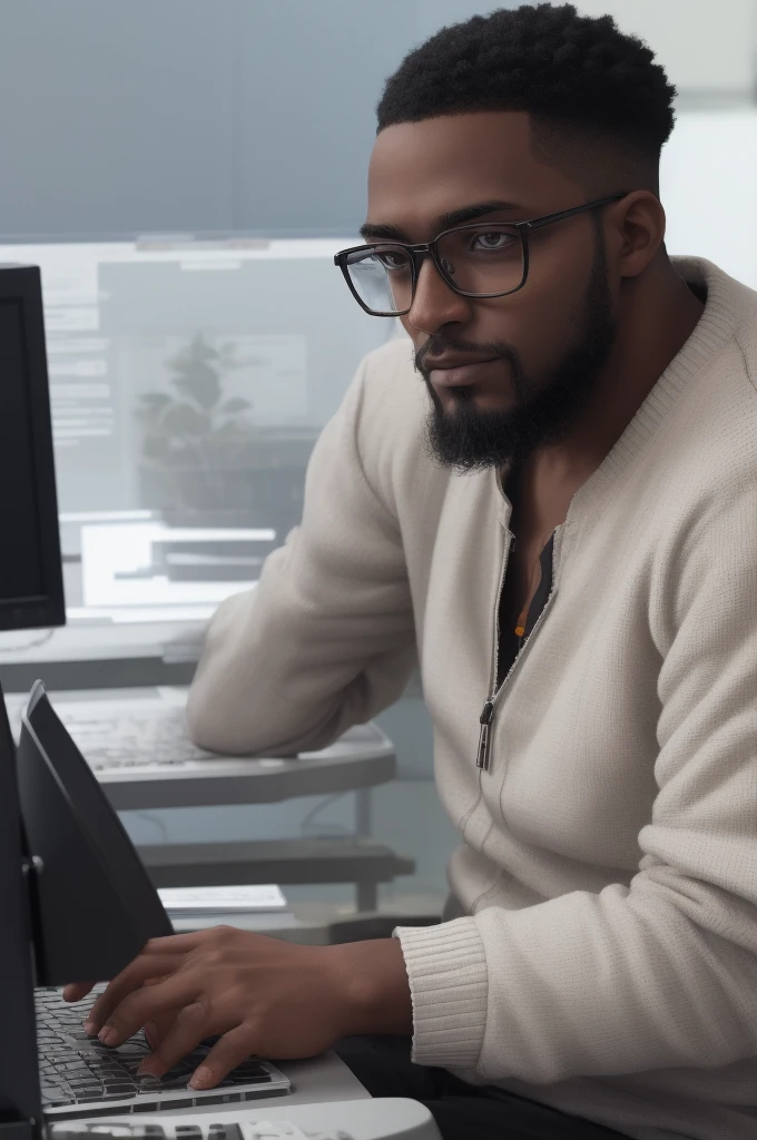 dark-skinned programmer with short, low beard, black glasses transparent lens, and shaved hair, Using the computer, PixArFK
