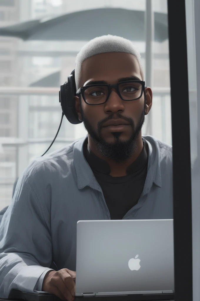 dark-skinned programmer with short, low beard, black glasses transparent lens, and shaved hair, Using the computer, PixArFK