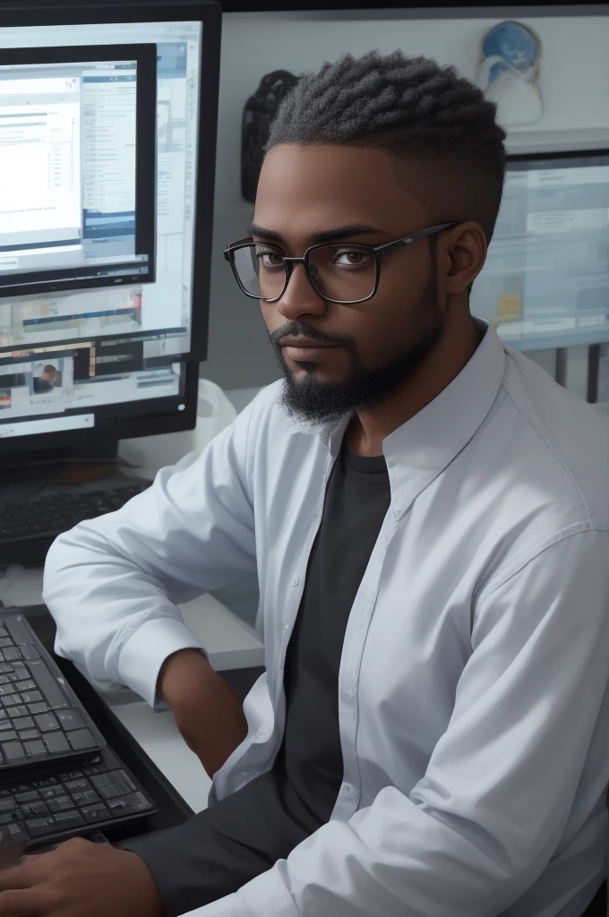 dark-skinned programmer with short, low beard, black glasses transparent lens, and shaved hair, Using the computer, PixArFK