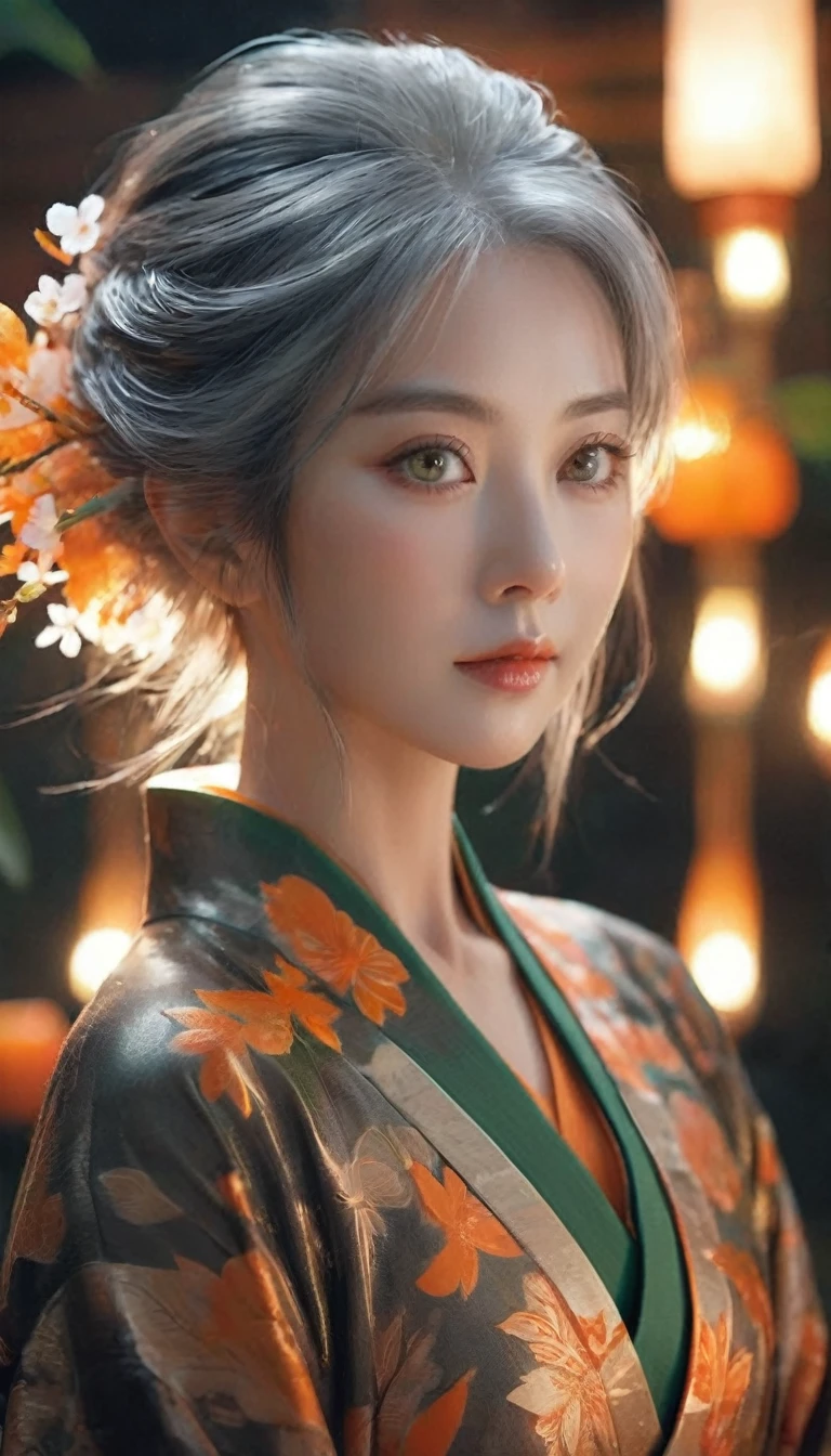 ElementFire Orange Women around 70 years old, Natural gray hair, characteristic green eyes,Wear kimono, Slender and elegant, beautiful, Candlelight in an ancient atmosphere,Close-up, Dew-covered leaves and sparkling dew reflect the night sky, A river of stars flowing through the darkness, Creates a calm and peaceful atmosphere, Fair skin, Women around 70 years old, Natural gray hair, characteristic green eyes,Wear kimono, Slender and elegant, beautiful, Candlelight in an ancient atmosphere, Super sharp focus, Realistic shots,Wide angle,Ultra-high resolution detail, Hyper HD, Super Detail, Attention to detail, Highest quality, High resolution, Awards, 8k)