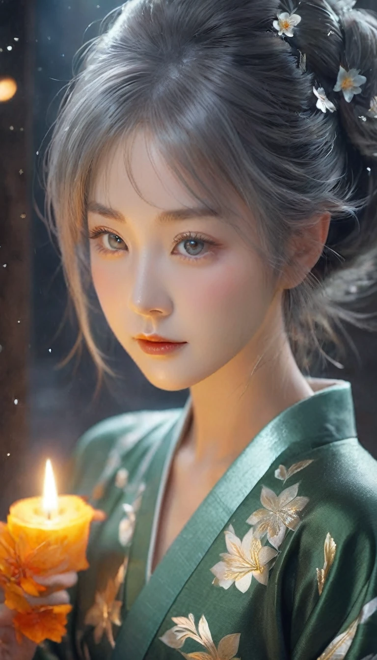 ElementFire Orange Women around 70 years old, Natural gray hair, characteristic green eyes,Wear kimono, Slender and elegant, beautiful, Candlelight in an ancient atmosphere,Close-up, Dew-covered leaves and sparkling dew reflect the night sky, A river of stars flowing through the darkness, Creates a calm and peaceful atmosphere, Fair skin, Women around 70 years old, Natural gray hair, characteristic green eyes,Wear kimono, Slender and elegant, beautiful, Candlelight in an ancient atmosphere, Super sharp focus, Realistic shots,Wide angle,Ultra-high resolution detail, Hyper HD, Super Detail, Attention to detail, Highest quality, High resolution, Awards, 8k)