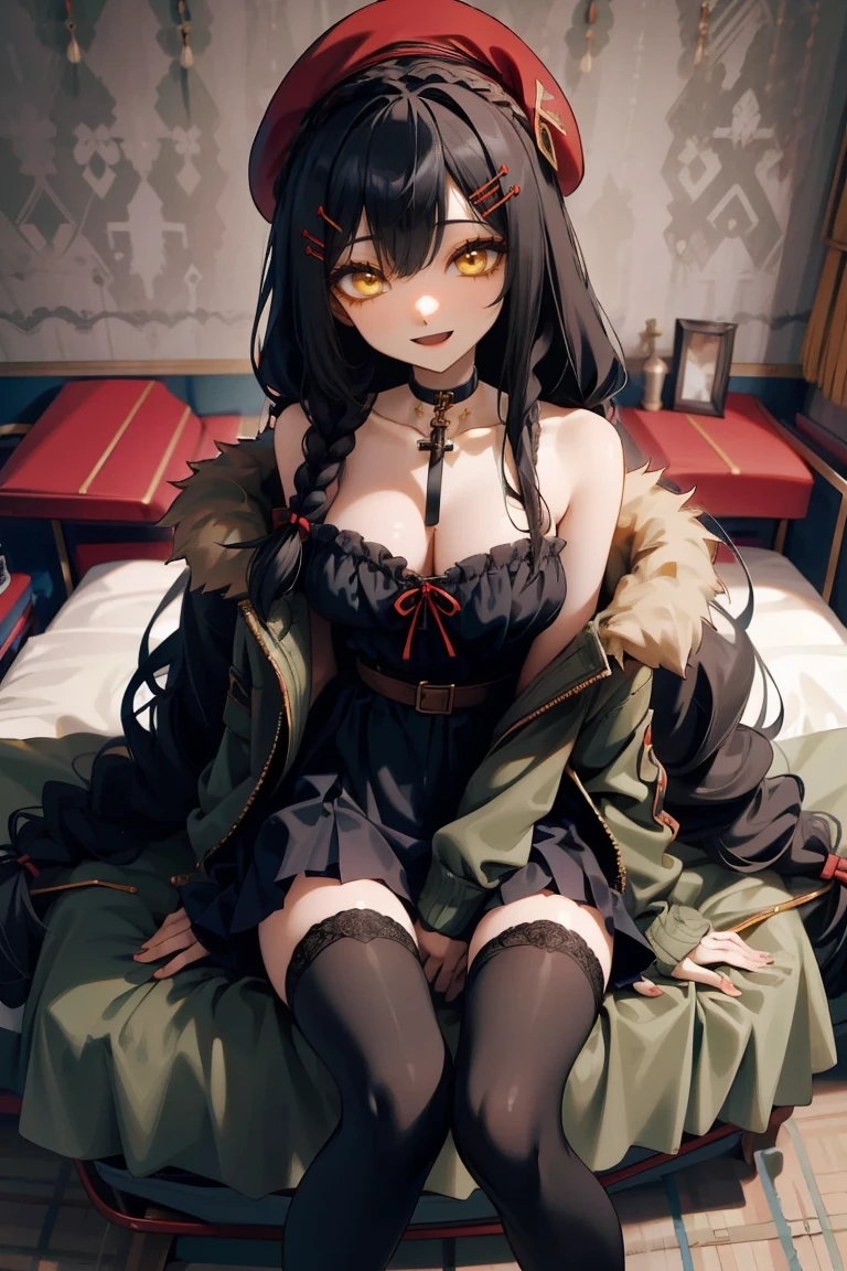 (masterpiece:1.2), (high quality:1.2), girls with((1girl, solo, black hair, yellow eyes, smiling, (wavy long hair, wearing a red beret, hairclips, braids:1.45), bare shoulder, blush, breasts, choker, cleavage, coat, cowboy shot, navy lace dress, camisole, ribbon waist belt, black ribbon belt, red bow, red ribbon, neck ribbon, collar, collarbone, rosary, rosary choker, cross, fur, fur trim, parka, khaki hoodie, green hoodie, khaki jacket, hood down, hooded coat, hooded jacket, hoodie, jacket, large breasts, long sleeves, medium breasts, open clothes, open coat,open hoodie, sleeveless, winter clothes, zipper, cleavage, upper body, hand up, waving, palm, white thighhighs, single thighhigh, exposed legs, exposed foots, left thighhigh, solo, legs, high heels, sittings)), background with((bedroom, room:2.0))