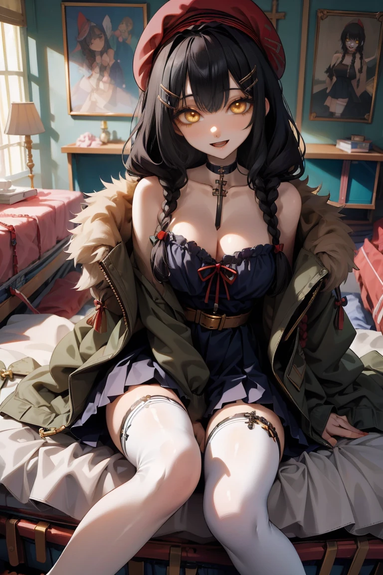 (masterpiece:1.2), (high quality:1.2), girls with((1girl, solo, black hair, yellow eyes, smiling, (wavy long hair, wearing a red beret, hairclips, braids:1.45), bare shoulder, blush, breasts, choker, cleavage, coat, cowboy shot, navy lace dress, camisole, ribbon waist belt, black ribbon belt, red bow, red ribbon, neck ribbon, collar, collarbone, rosary, rosary choker, cross, fur, fur trim, parka, khaki hoodie, green hoodie, khaki jacket, hood down, hooded coat, hooded jacket, hoodie, jacket, large breasts, long sleeves, medium breasts, open clothes, open coat,open hoodie, sleeveless, winter clothes, zipper, cleavage, upper body, hand up, waving, palm, white thighhighs, single thighhigh, exposed legs, exposed foots, left thighhigh, solo, legs, high heels, sittings)), background with((bedroom, room:2.0))