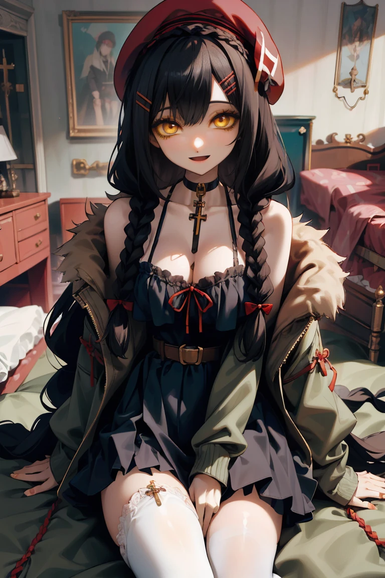 (masterpiece:1.2), (high quality:1.2), girls with((1girl, solo, black hair, yellow eyes, smiling, (wavy long hair, wearing a red beret, hairclips, braids:1.45), bare shoulder, blush, breasts, choker, cleavage, coat, cowboy shot, navy lace dress, camisole, ribbon waist belt, black ribbon belt, red bow, red ribbon, neck ribbon, collar, collarbone, rosary, rosary choker, cross, fur, fur trim, parka, khaki hoodie, green hoodie, khaki jacket, hood down, hooded coat, hooded jacket, hoodie, jacket, large breasts, long sleeves, medium breasts, open clothes, open coat,open hoodie, sleeveless, winter clothes, zipper, cleavage, upper body, hand up, waving, palm, white thighhighs, single thighhigh, exposed legs, exposed foots, left thighhigh, solo, legs, high heels, sittings)), background with((bedroom, room:2.0))