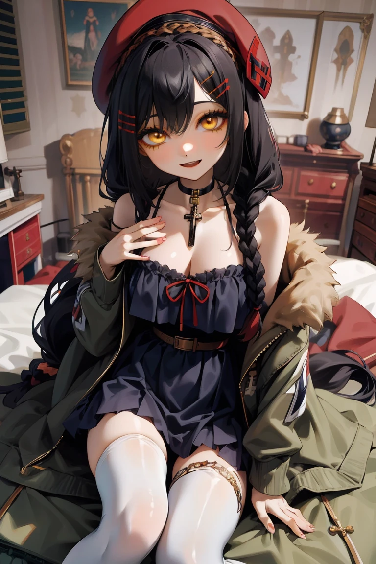 (masterpiece:1.2), (high quality:1.2), girls with((1girl, solo, black hair, yellow eyes, smiling, (wavy long hair, wearing a red beret, hairclips, braids:1.45), bare shoulder, blush, breasts, choker, cleavage, coat, cowboy shot, navy lace dress, camisole, ribbon waist belt, black ribbon belt, red bow, red ribbon, neck ribbon, collar, collarbone, rosary, rosary choker, cross, fur, fur trim, parka, khaki hoodie, green hoodie, khaki jacket, hood down, hooded coat, hooded jacket, hoodie, jacket, large breasts, long sleeves, medium breasts, open clothes, open coat,open hoodie, sleeveless, winter clothes, zipper, cleavage, upper body, hand up, waving, palm, white thighhighs, single thighhigh, exposed legs, exposed foots, left thighhigh, solo, legs, high heels, sittings)), background with((bedroom, room:2.0))