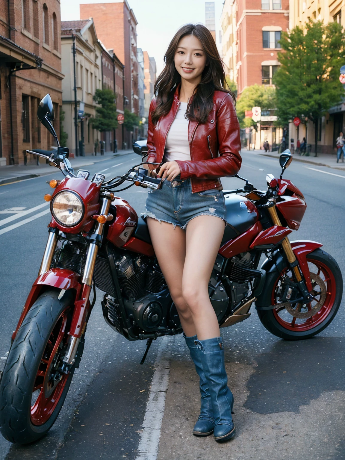 masterpiece,high quality,High resolution, Perfect Body Beauty: 1.4,(((Woman on motorcycle))),Slender body,((A red long sleeve motorcycle jacket paired with denim shorts and motorcycle boots),Highly detailed face and skin texture,((Full Body Shot)),Natural light,smile,The five fingers of the correct hand