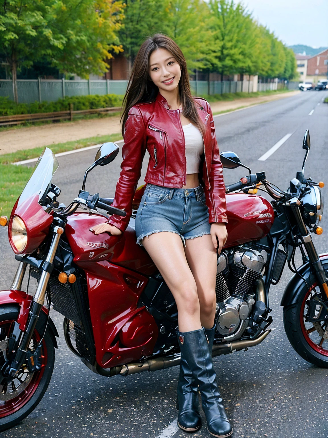 masterpiece,high quality,High resolution, Perfect Body Beauty: 1.4,(((Woman on motorcycle))),Slender body,((A red long sleeve motorcycle jacket paired with denim shorts and motorcycle boots),Highly detailed face and skin texture,((Full Body Shot)),Natural light,smile,The five fingers of the correct hand