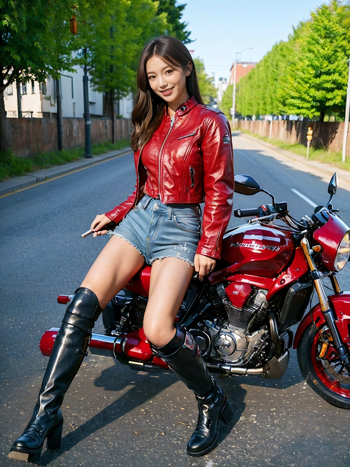 masterpiece,high quality,High resolution, Perfect Body Beauty: 1.4,(((Woman on motorcycle))),Slender body,((A red long sleeve motorcycle jacket paired with denim shorts and motorcycle boots),Highly detailed face and skin texture,((Full Body Shot)),Natural light,smile,The five fingers of the correct hand