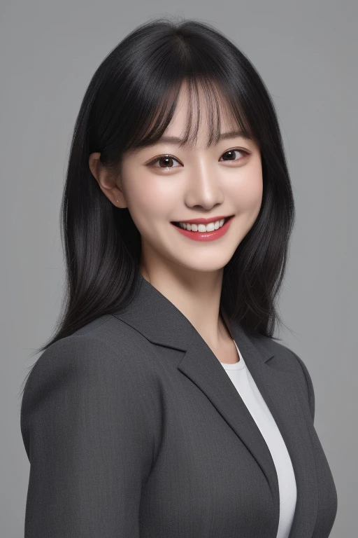 (8k, RAW photo, ultra high res, best quality, masterpiece:1.2), (realistic illustration), (extremely detailed CG unity 8k wallpaper), absurdres,
1 girl,21 yo, beautiful face,medium ,black medium hair,smile,tilting head,grin,upper body,slim fit pants,gray tailored jacket,office,upper body、