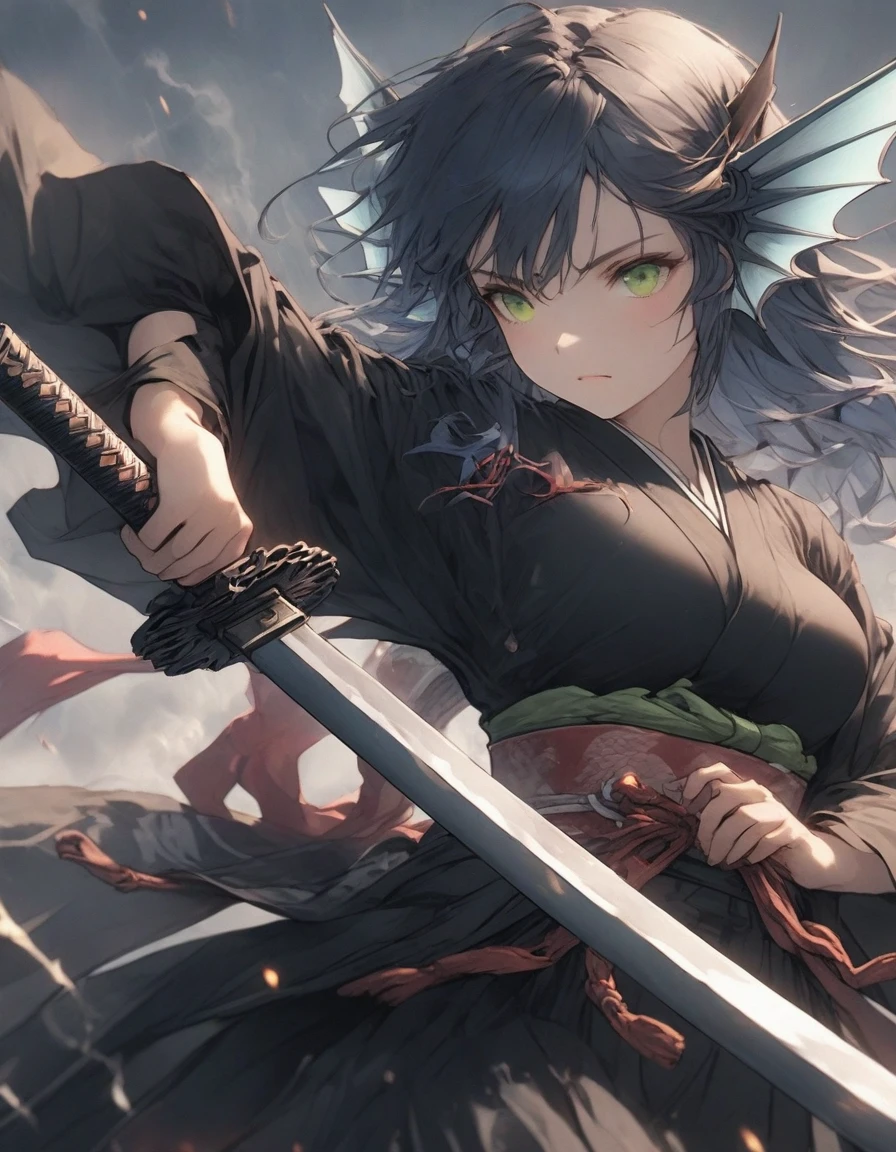 ,snap shot,red katana,fighting stance,(holding huge katana:1.3),,no pattern kimono,(black kimono:1.5),samurai,,,{{{Huge breasts}}},,,,,,long skirt, brooches,Blue brooch,,(dark Blue hair:1.25),gradient_hair,( Green eyes:1.25),hair_ornament detached ,,Very Long Ponytail, poneyTail,, (head fins:1.25),、stormy、lightning bolt,iaidow,weapon, katana, holding sword, ready to draw, sheathed, unsheathing, scabbard,