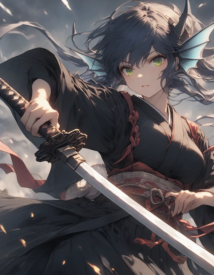 ,snap shot,red katana,fighting stance,(holding huge katana:1.3),,no pattern kimono,(black kimono:1.5),samurai,,,{{{Huge breasts}}},,,,,,long skirt, brooches,Blue brooch,,(dark Blue hair:1.25),gradient_hair,( Green eyes:1.25),hair_ornament detached ,,Very Long Ponytail, poneyTail,, (head fins:1.25),、stormy、lightning bolt,iaidow,weapon, katana, holding sword, ready to draw, sheathed, unsheathing, scabbard,