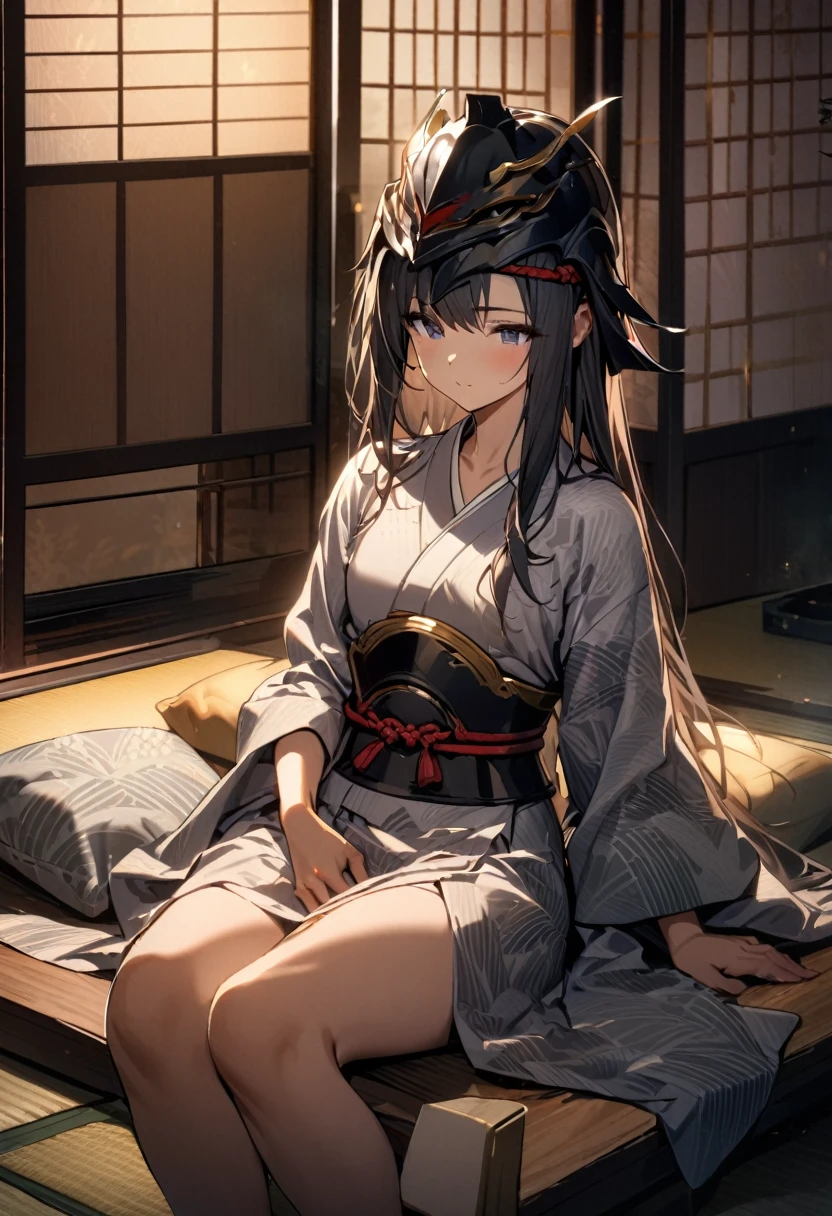 1girl, samurai (final fantasy), final fantasy character, 
lying down relaxed, indoor tatami room scene,
wearing casual yukata or loose kimono,
long hair spread out,
tenugui headband wrapped around head,
Japanese sword placed nearby but not held,
removed samurai armor pieces scattered nearby (kabuto helmet, breastplate, pauldrons, etc.),
traditional Japanese room elements (shoji screens, low table, zabuton cushion),
soft warm lighting, peaceful nighttime atmosphere,
detailed fabric textures, intricate yukata pattern,
subtle references to final fantasy aesthetic,
masterpiece, best quality, absurdres,cowboy shot