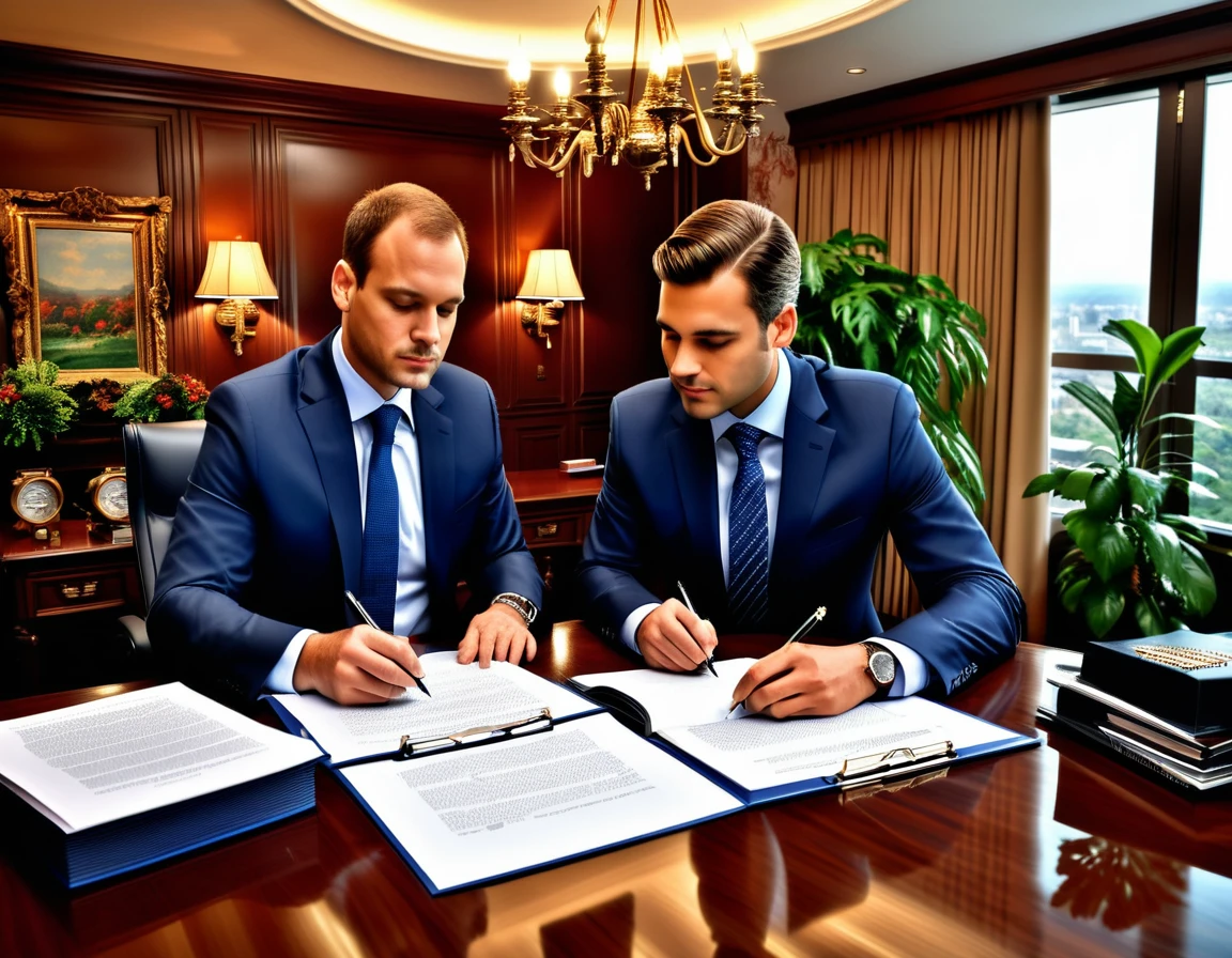 two businessmen negociating a big commercial contract, very detailed, photorealistic, masterpiece, rich environment and decors