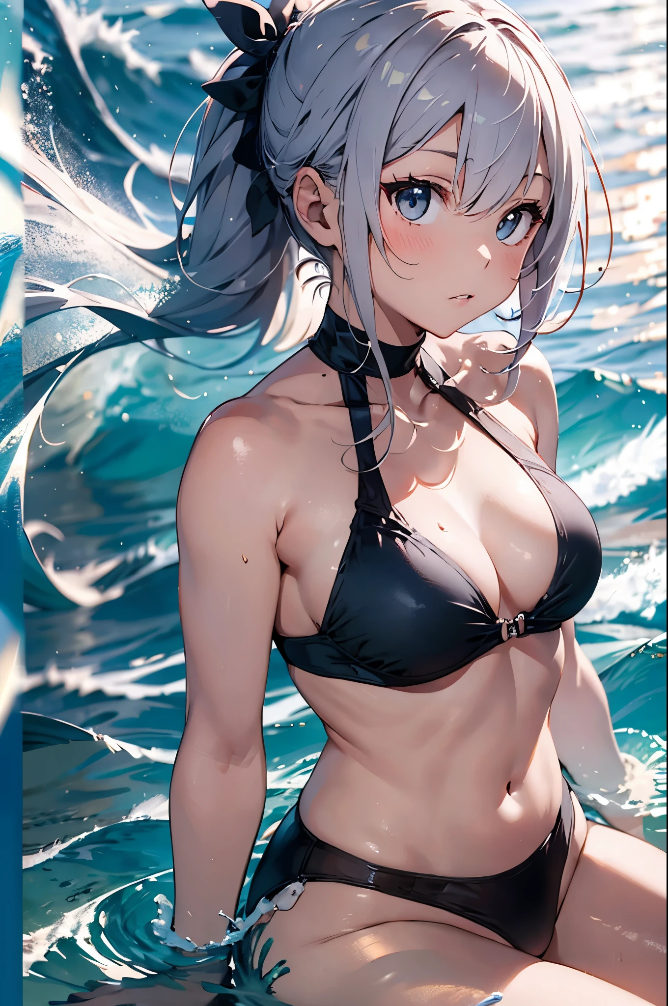 High resolution,whole body、
One beautiful young woman,Silver Hair、ponytail、
(Soft Saturation:1.3), (Fair skin:1.2),
(ultra-Detailed Background, Detailed Background), Bokeh,
break'Portrait of a smiling girl.,
When viewed from the front, The composition is symmetrical,
Looking straight at you with serious eyes,
break Swimwear, Center of chest,
Outdoor, Sea surface, null, sunlight,Summer beach, Sandy Beach,
Strong light, Front lighting,
(:1.3), (Cowboy Shot:1.2),
Front brake angle,
View your viewers,
Dynamic pose,
sitting on the beach
Seaweed、Seaweed、Seaweed、Seaweed、Seaweed、Seaweed、Seaweed、