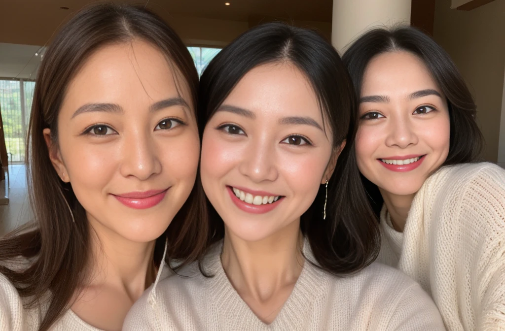 Organic Photography、blur background, Highest quality、masterpiece、Ultra-high resolution、Looking at the audience、Smiling with teeth showing、Big Breasts、Wearing a plain short-sleeved blouse、Short Perm Hair、Earrings、A corner of the izakaya、Background Blur、Three Women、Cheers