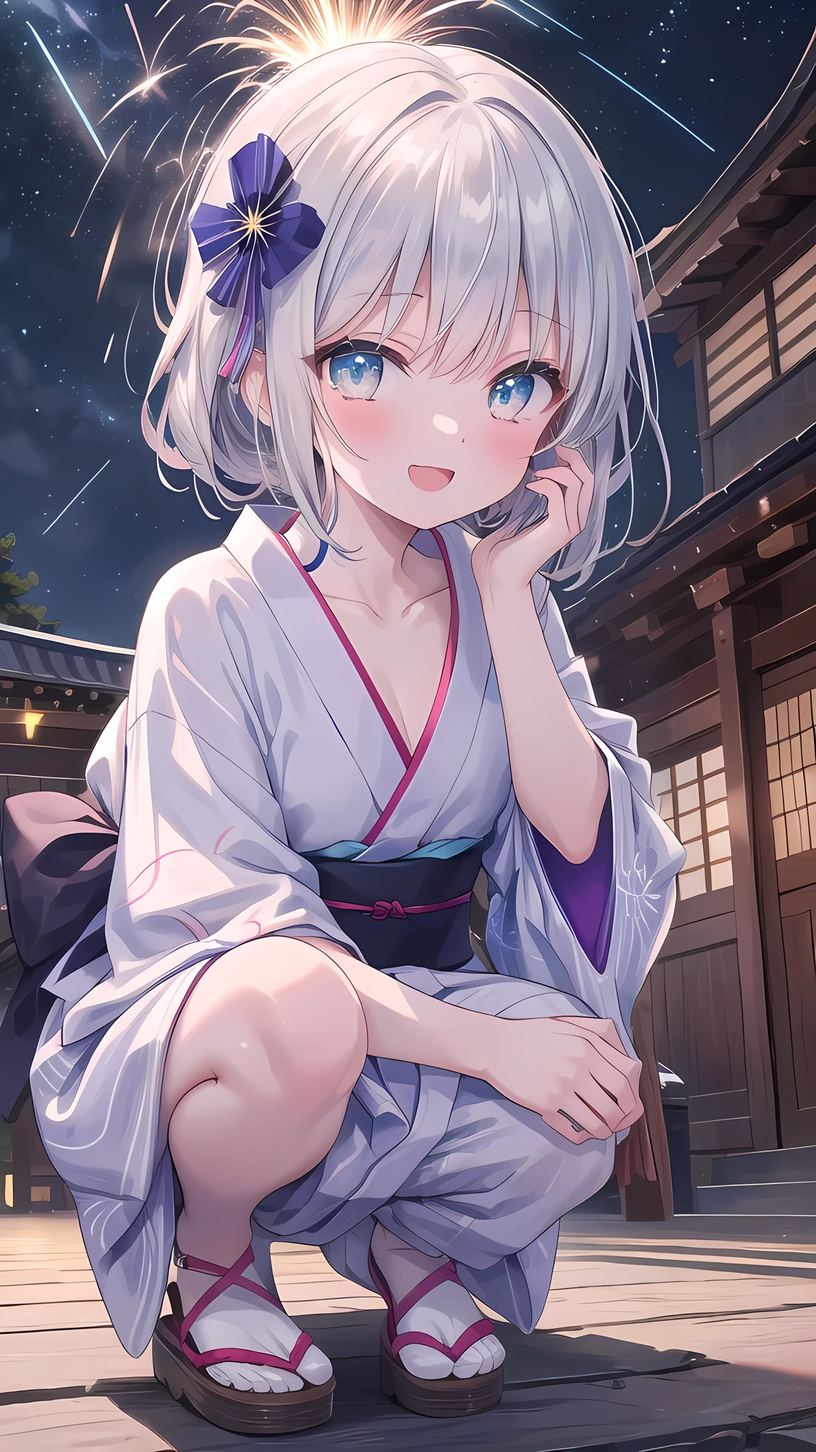 (8k, best quality, master piece: 1.2),super high resolution,1 girl, solo, colorshift eyes, hyperdetailed, expressive eyes, ultra-detailed face, yukata、Random hairstyle、silver gay hair, Sparkler、starry skies, Collarbone, Ecstatic expression, squatting, Midnight inside the temple grounds
