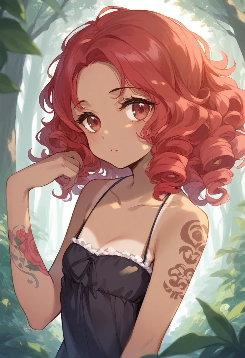 BREAK Perfect Anatomy、(High resolution:1.2)、Incredible illustrations、(Cute illustrations:1.2)、(nsfw) （Beautiful background(forest)) 1 girl(Red hair, long curly hair, red eyes,tattoos, ,tan skin:1.5)(young adult woman:2.0)(Gothic Lolita Cheongsam)