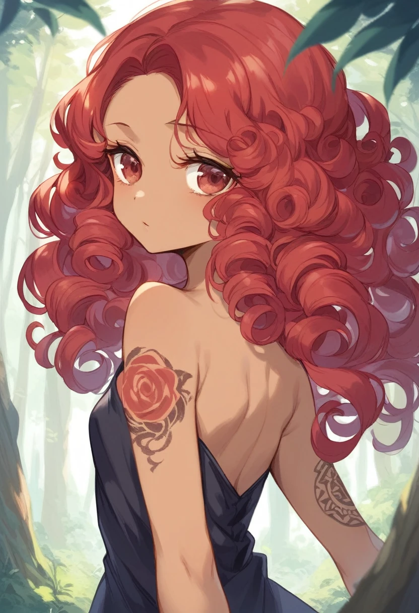 BREAK Perfect Anatomy、(High resolution:1.2)、Incredible illustrations、(Cute illustrations:1.2)、(nsfw) (Beautiful background(forest)) 1 girl(Red hair, long curly hair, red eyes,tattoos, ,tan skin:1.5)(young adult woman:2.0)(Gothic Lolita Cheongsam)