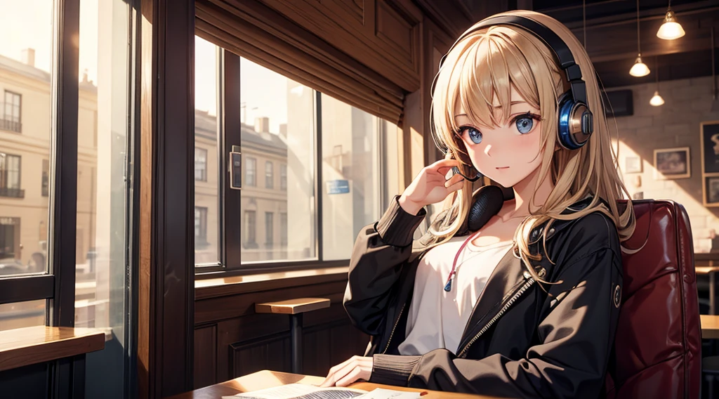 Girl with headphones enjoying music in a cafe　I am studying　Emphasize a little bit of the chest