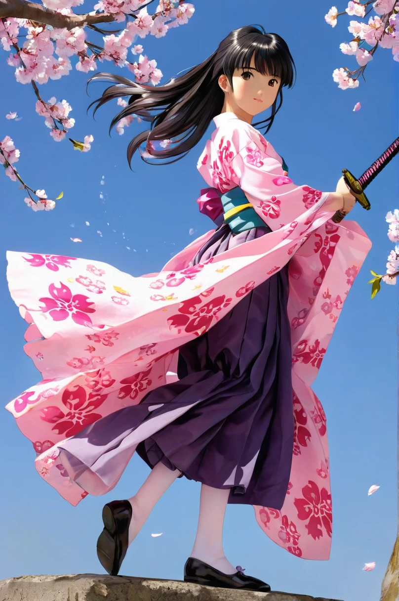 10 year old girl underwear, Sakura Shinguji、Realistic bloomers made from patterned cotton fabric, Japanese clothing and hakama, Fabric Realism, Low - Angle, I see bloomers, Pull up the dress by hand, Strong winds, Translucent slip, Translucent slip, tights, Highest quality, whole body、Black Hair、Holding a sword、Big ribbon in hair
