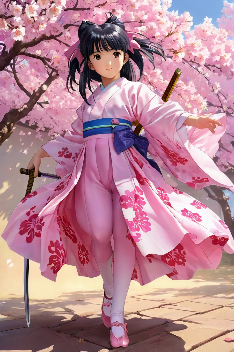 10 year old girl underwear, Jinguji Sakura、Realistic bloomers made from patterned cotton fabric, Japanese clothing and hakama, Fabric Realism, Low - Angle, I see bloomers, Pull up the dress by hand, Strong winds, Translucent slip, Translucent slip, tights, Highest quality, whole body、Black Hair、Holding a sword