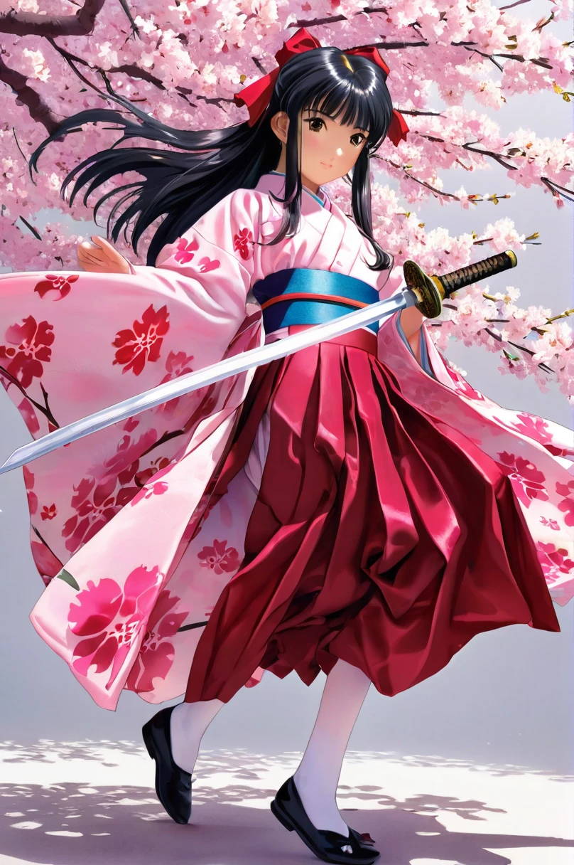10 year old girl underwear, Sakura Shinguji、Realistic bloomers made from patterned cotton fabric, Japanese clothing and hakama, Fabric Realism, Low - Angle, I see bloomers, Pull up the dress by hand, Strong winds, Translucent slip, Translucent slip, tights, Highest quality, whole body、Black Hair、Holding a sword、Big ribbon in hair