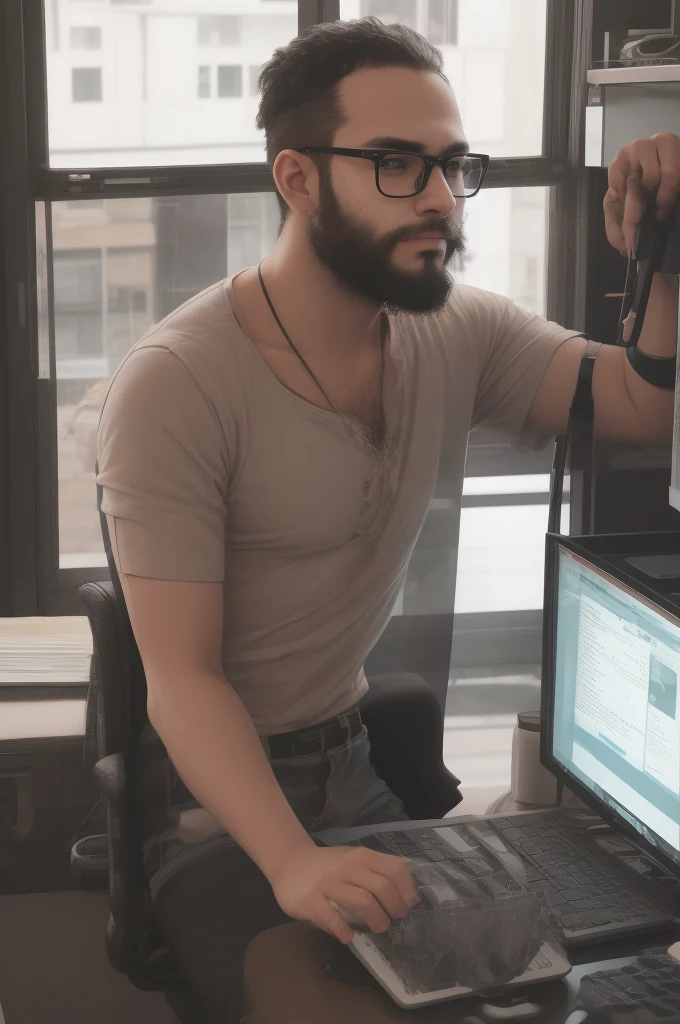 software developer, with a short, low beard, black glasses transparent lens, and shaved hair, Using the computer, PixArFK