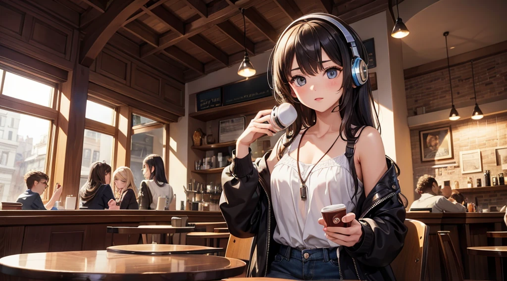 Girl with headphones enjoying music in a cafe　I am studying　Emphasize a little bit of the chest