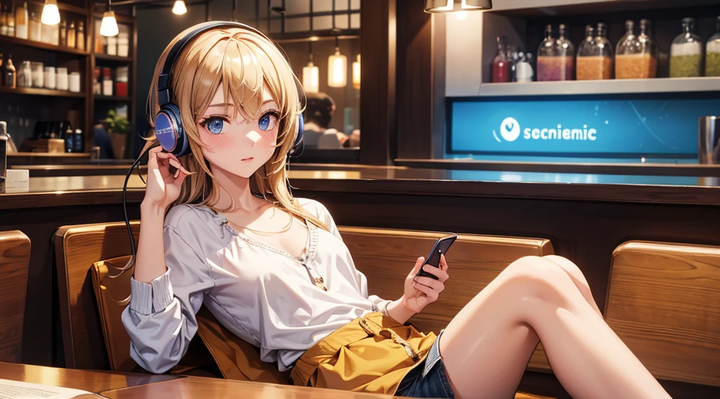 Girl with headphones enjoying music in a cafe I am studying Emphasize a little bit of the chest
