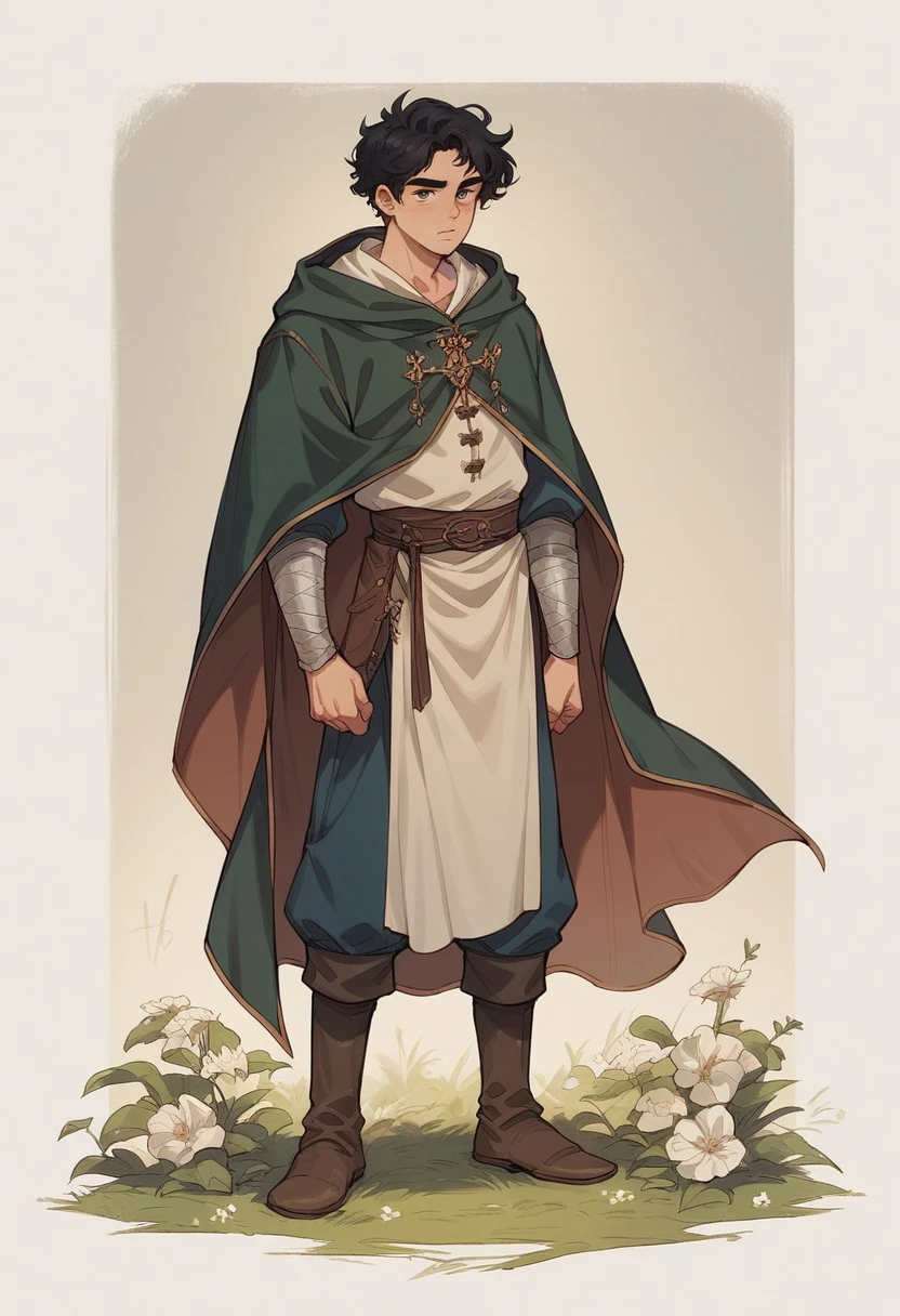 1 young boy, medieval cloth, traveler, full body, black hair